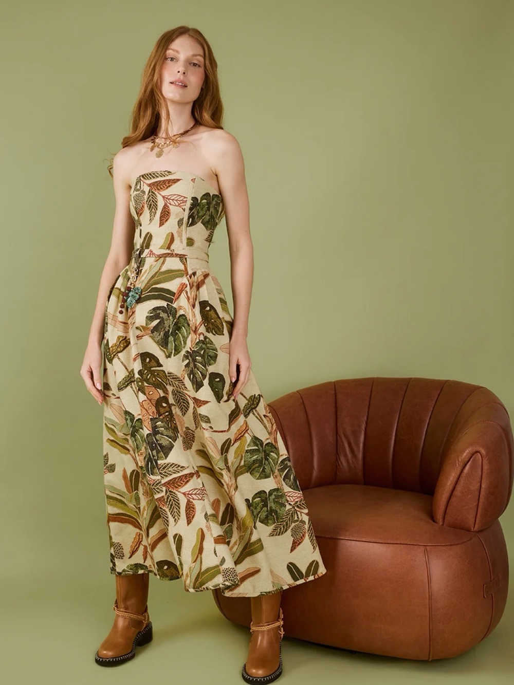 Tropikat Strapless Tropical Print Midi Dress - Cream & Green